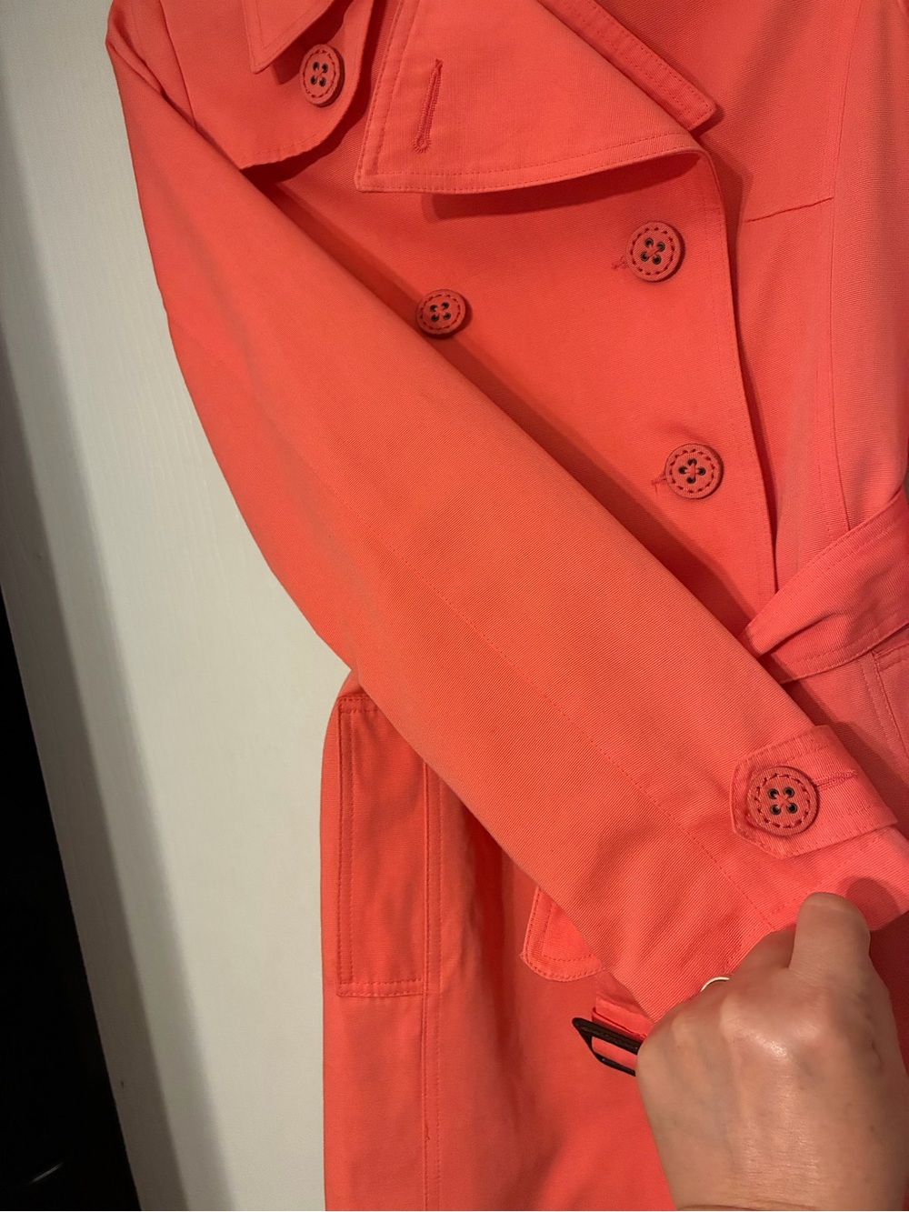 Coral Double-Breasted Trench Coat with Waist Tie size Small - Picture 3 of 6